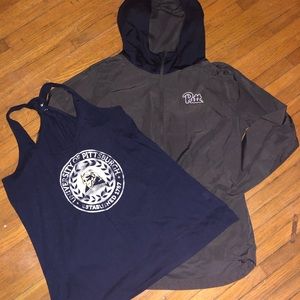 University of Pittsburgh windbreaker and tank top.